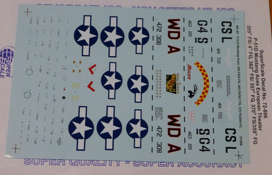 Microscale Decal 1:72 Scale #72-806 / 8th AF, P-51D Mustang Aces: 355th FS/ 4 FG