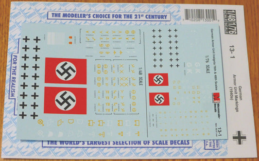 Microscale Decal #13-1 German Armor Unit Markings (1940s) 1/48th,1/76th Scales