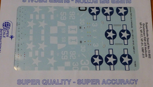 Microscale Decal 1:72 Scale #72-802 / Grumman F6F-3 & 5 Hellcats: VF-1, VF-17,