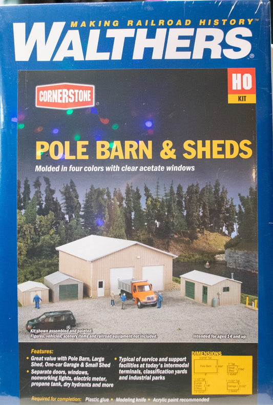 Walthers HO #933-4125 Pole Barn and Sheds -- Kit - Set of Four Buildings