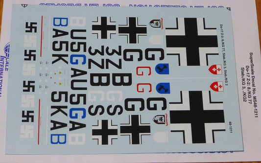 Microscale Decal 1:48 Scale #MS48-1211 Dornier Do17 Z-2, 8,/ KG77, Stab,/KG 3,