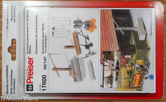 Preiser HO #17600 Rural Detail Set -- Water Pump w/Trough, Horse-Drawn Plow...