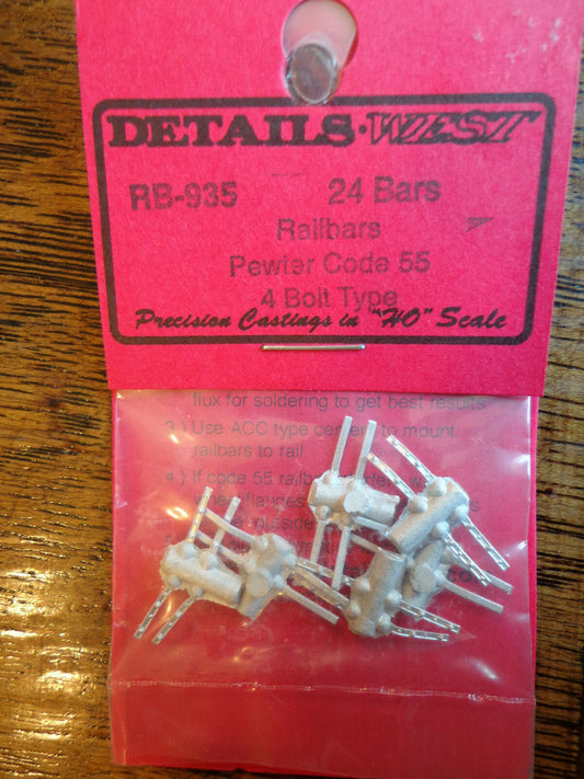 Details West HO #935 Railbars Pewter Code 55, 4 Bolt Type (6 in pkg)