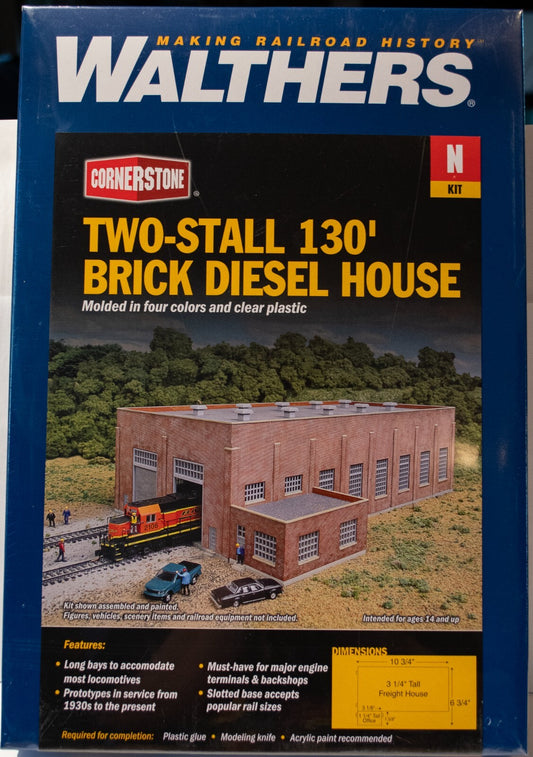 Walthers N #933-3266 Two-Stall 130' Brick Diesel House -- Kit - 10-3/4 x 6-3/4 x