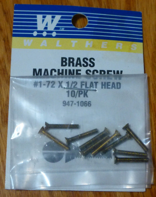 Walthers #947-1066 / 1-72 Brass Flat Head Machine Screws -- 1/2 x .073" 1.27 x .