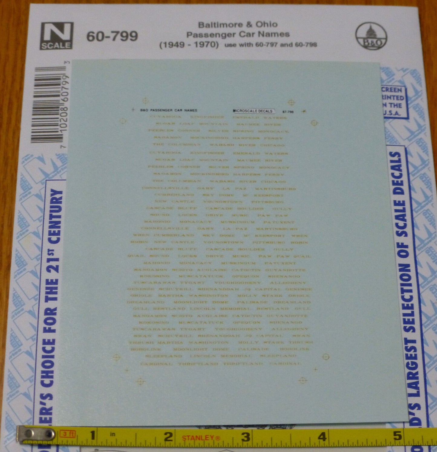 Microscale Decal N  #60-799 Baltimore & Ohio Passenger Car Names, (1949-70