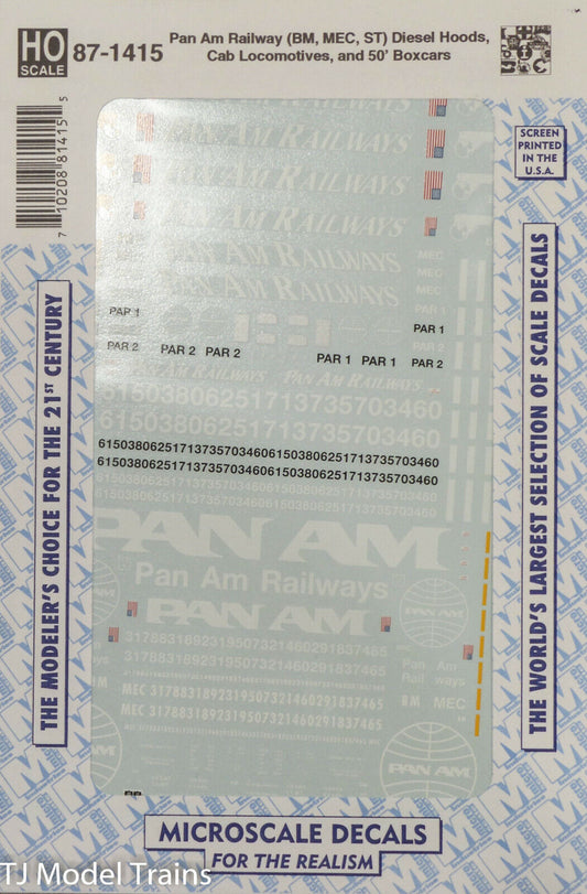 Microscale Decals: HO #87-1415 Pan Am Railway, Diesel Hoods & 50' Boxcars