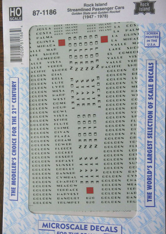 Microscale Decal HO  #87-1186 Rock Island Streamlined Passenger Cars - Golden St