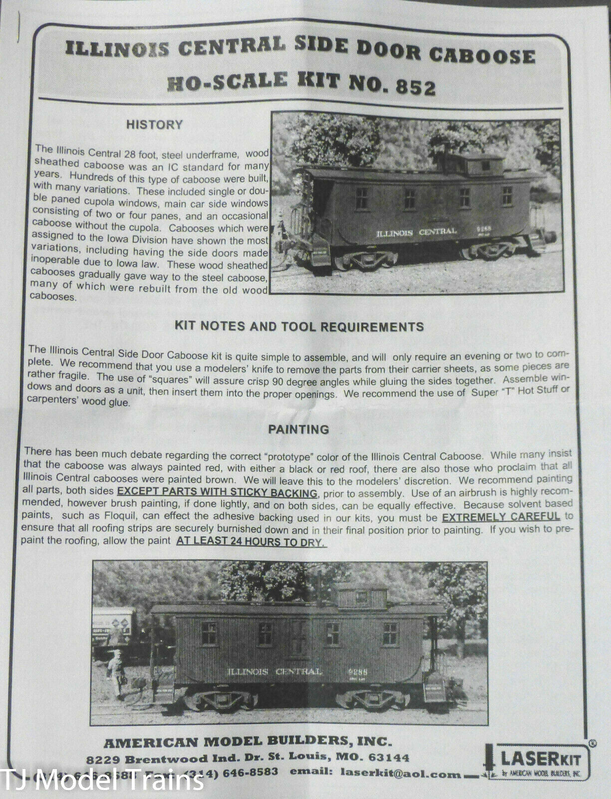 American Model Builders HO #852 Illinois Central Side Door Caboose (No Trucks