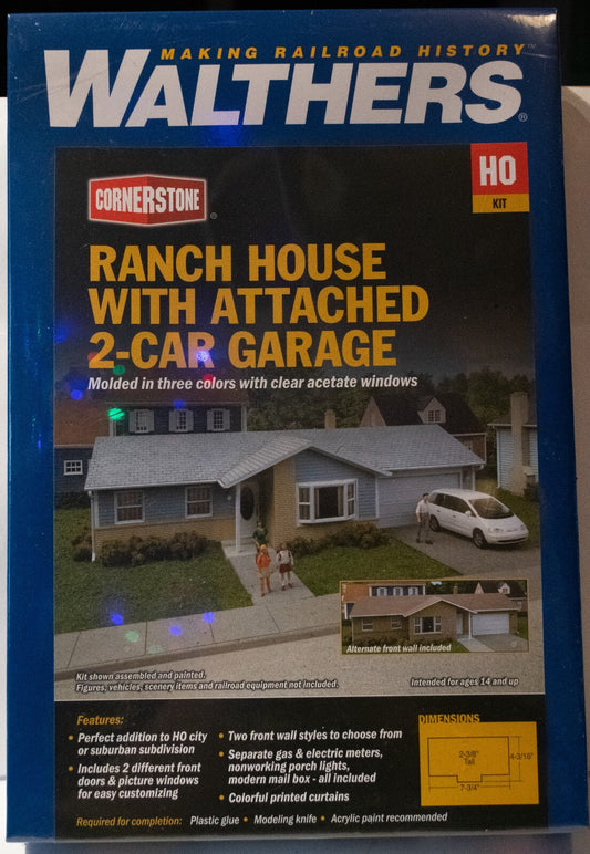 Walthers #933-4155 Ranch House with Attached 2-Car Garage -- Kit - 7-3/4 x 4-3/1