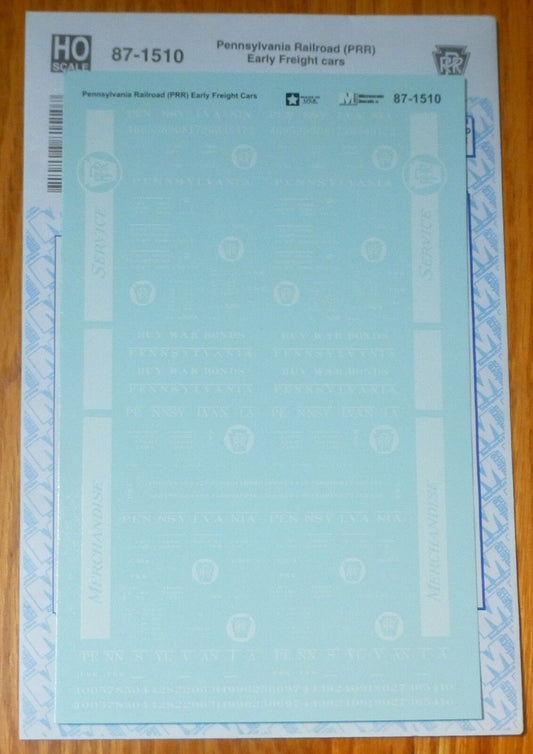Microscale Decal HO #87-1510 Pennsylvania Railroad (PRR) Early Freight Cars