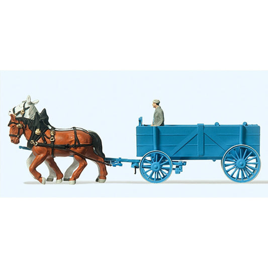 Preiser HO #30468 Horse-Drawn Wagon -- Ore Wagon w/Driver & Horses
