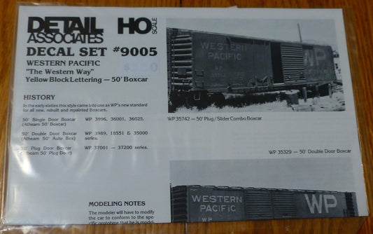 Detail Associates HO Decal Sheet #9005 Western Pacific 50' Block Lettering Yell