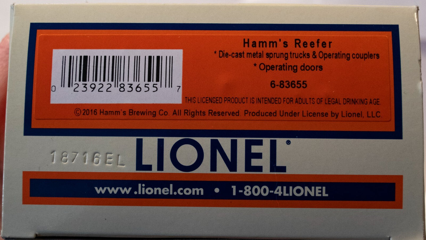 Lionel #6-83655 Hamm's Reefer Die-cast metal sprung trucks&Operating couplers Op