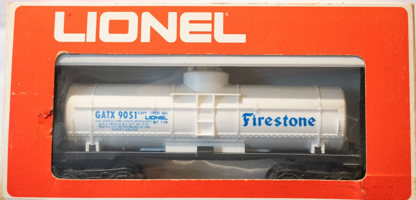 Lionel O Scale (Used) #9051 Firestone Tank Car Mid 1970s Train White w/ Blue Let