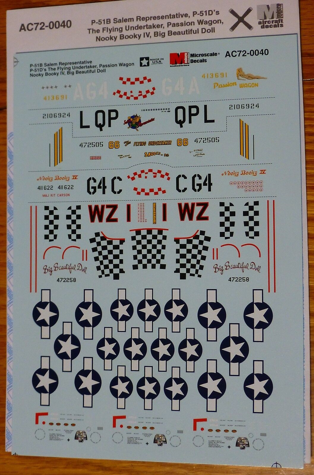 Microscale Decal #AC72-0040 P-51B Salem Representative, P-51D's Undertake, Passi