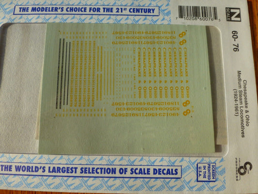 Microscale Decal N  #60-76 Chesapeake & Ohio Steam Locomotives (1924-1961)