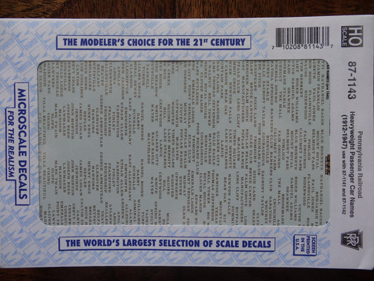 Microscale Decal HO  #87-1143  PRR Passenger Car - Names - Heavyweight Cars